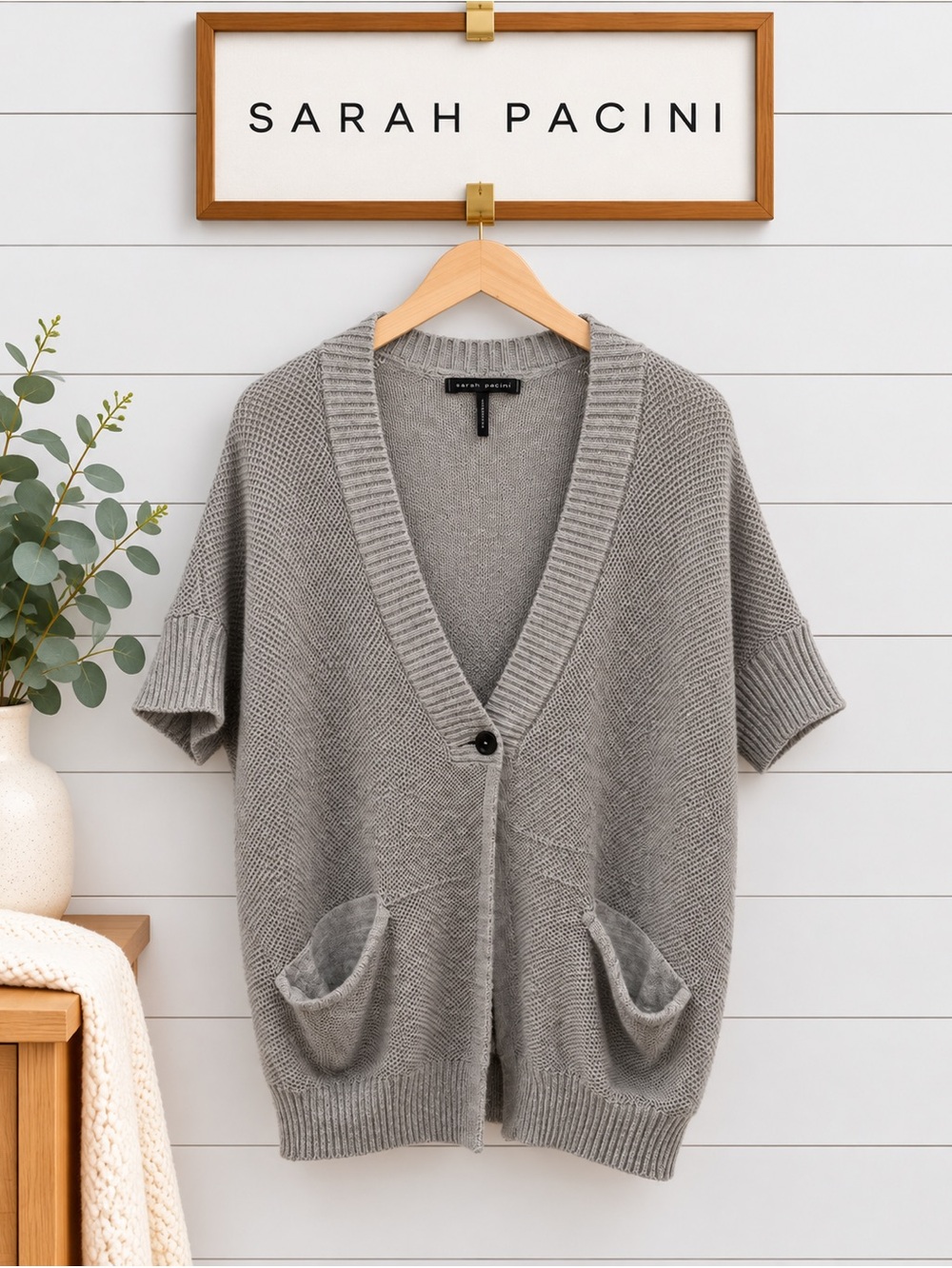 SARAH PACINI Gray Shimmer Knit Short Sleeve Cardigan One Size